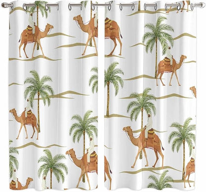 2 Panel Kitchen Cafe Curtains, Desert Camels Sunlight Filtering Nature Air Through, Home Decor Window Covering Tier Curtains for Bedroom Living Room 104W x 84L inch Tropical Date Palm Trees Animal