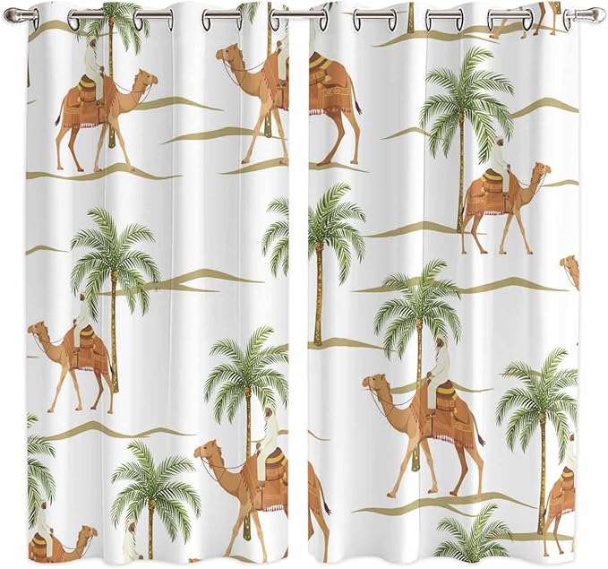 2 Panel Kitchen Cafe Curtains, Desert Camels Sunlight Filtering Nature Air Through, Home Decor Window Covering Tier Curtains for Bedroom Living Room 80W x 63L inch Tropical Date Palm Trees Animal