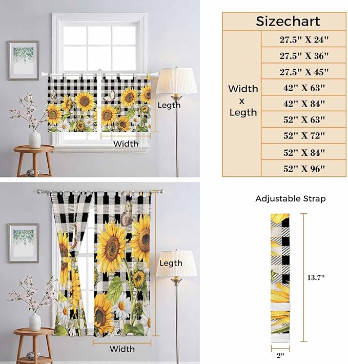 Sunflowers Bedroom Curtains 72 Inch Length, Window Curtains Tab Top, Yellow Flowers Butterfly Farmhouse Black Plaid Light Filtering Window Treatments Drapes 52"x72" 2 Panel