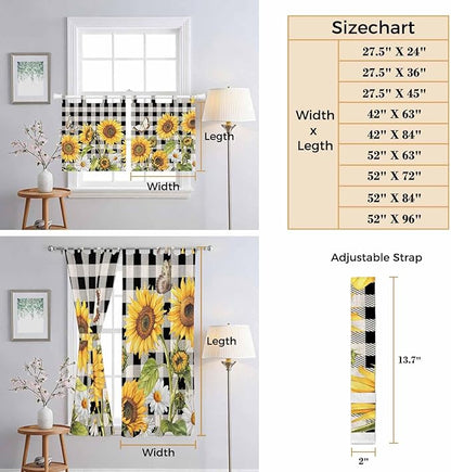 Sunflowers Bedroom Curtains 63 Inch Length, Window Curtains Tab Top, Yellow Flowers Butterfly Farmhouse Black Plaid Light Filtering Window Treatments Drapes 42"x63" 2 Panel