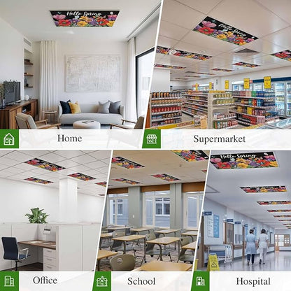 Fluorescent Light Covers for Ceiling Lights Hello Spring Magnetic Light Filters 3 Pack 4x2 ft Butterfly Colorful Spring Floral Ceiling Lights Cover for Classroom Office School Home Drop Lamp Decor
