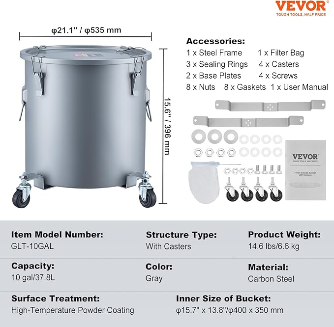 VEVOR 10 Gallon Fryer Grease Bucket, Oil Disposal Bucket Caddy on Wheels, Rust-proof Coated Carbon Steel Fryer Oil Transport Container with Filter Bag, Lid & Lock Clips for Cooking Oil Filtering