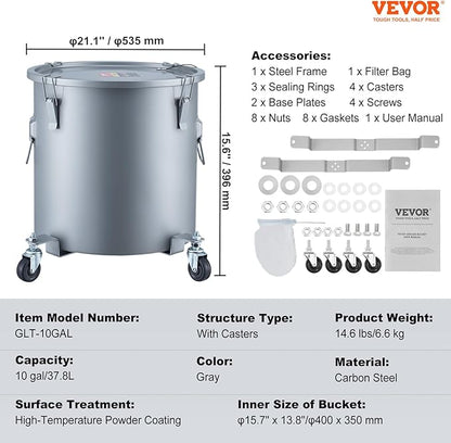 VEVOR 10 Gallon Fryer Grease Bucket, Oil Disposal Bucket Caddy on Wheels, Rust-proof Coated Carbon Steel Fryer Oil Transport Container with Filter Bag, Lid & Lock Clips for Cooking Oil Filtering