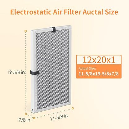 2-Pack 12x20x1 MERV 8 Reusable & Washable Electrostatic Air Filters - Long-Lasting Filter for HVAC, Furnace & Air Conditioner Units, Actual Size: 11-5/8” x 19-5/8” x 7/8”