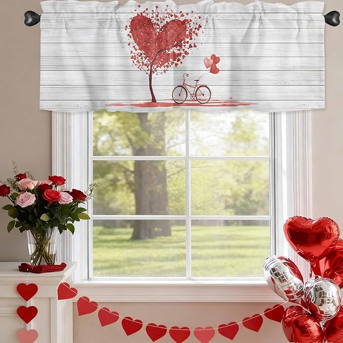 Valentine's Day Valance Curtains for Kitchen, Red Love Trees Bicycles Balloons Wood Grain Privacy Rod Pocket Valance Curtain, Light-Filtering Window Treatment for Bedroom Bathroom, 60"x18"
