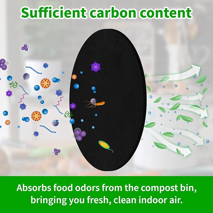 Charcoal Filters for Kitchen Compost Bin, 6 Pcs Compost Filters for Countertop Bin, 6.5 Inch Charcoal Filters for Compost Bucket, Activated Carbon Replacement Filters for Home Bucket Refill, Round
