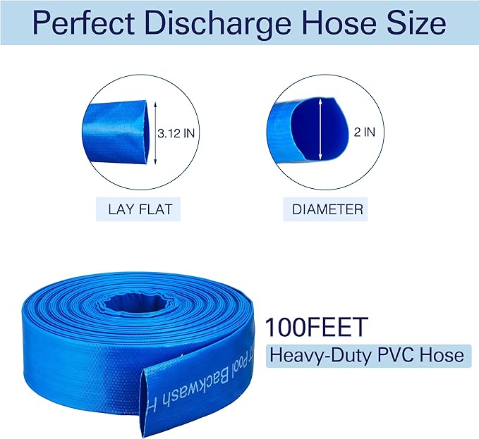 2" x 100FT Pool Backwash Hose, Heavy-Duty Pool Hose, Lay Flat Discharge Hose, Durable Burst Resistant, Pool Filter Pump Water Drainage, Sump Pump Discharge, with 2 Clamps