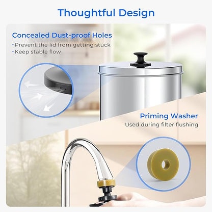 Waterdrop Gravity Water Filter, 2.25G Stainless-Steel System with Silver Ions Enhanced Filtration with 2 Black Carbon Filters, NSF/ANSI 42&372 Standard, Reduces Chlorine for Emergencies