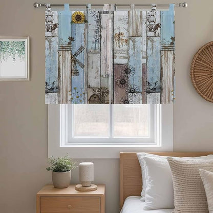 Blue Grey Wooden Kitchen Curtains 45 Inch Length, Short Cafe Window Curtains Tab Top, Farmhouse Barn Sunflowers Retro Light Filtering Window Treatments Tier Drapes 27.5"x45" 2 Panel