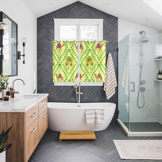 2 Panel Kitchen Cafe Curtains, Desert Sand Camels Sunlight Filtering Nature Air Through, Window Decor Tier Curtains for Living Room 104W x 63L inch Palm Trees Tropical Plants Polka Dot Yellow