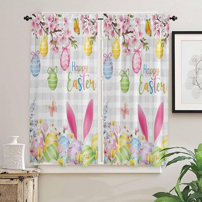 Happy Easter Bedroom Curtains 63 Inches length, Spring Watercolor Bunny Eggs Flower Grey Plaid Window Treatment Curtain Drapes, Rod Pocket Curtain Panels for Living Room Kitchen, 42"x63", 2 Panels