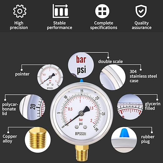 0-30 Psi Glycerin Liquid Filled Low Pressure Gauge, 2.5" Dial Size, 1/4" NPT Lower Mount, 304 Stainless Steel Case, for Water Pipe, HVAC, Water Oil Air Pressure Test