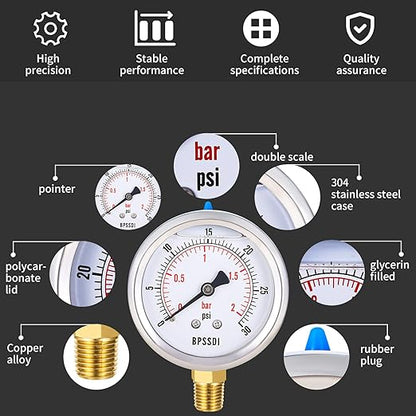 0-30 Psi Glycerin Liquid Filled Low Pressure Gauge, 2.5" Dial Size, 1/4" NPT Lower Mount, 304 Stainless Steel Case, for Water Pipe, HVAC, Water Oil Air Pressure Test