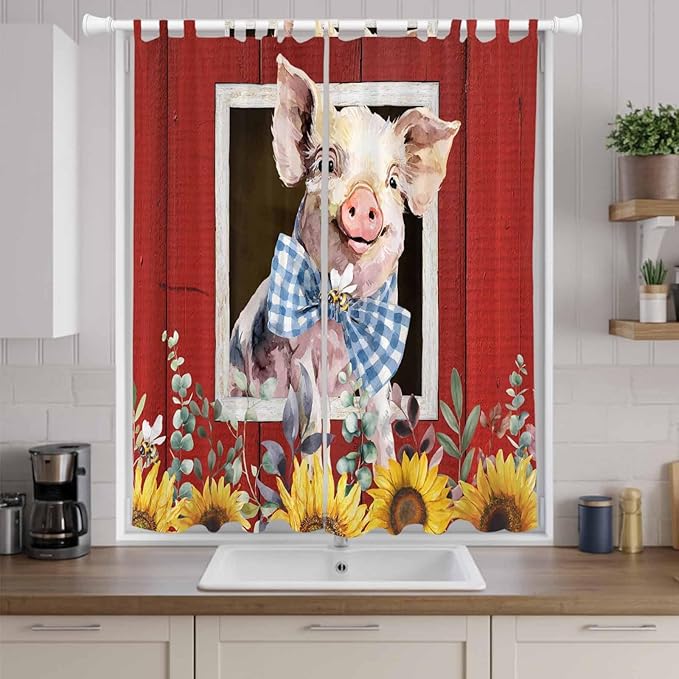 Pig Sunflowers Living Room Curtains 96 Inch Length, Window Curtains Tab Top, Eucalyptus Leaves Floral Bees Red Barn Light Filtering Window Treatments Drapes 52"x96" 2 Panel