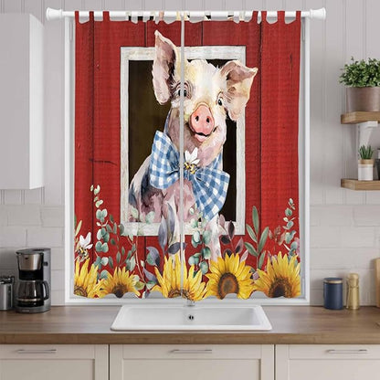 Pig Sunflowers Living Room Curtains 96 Inch Length, Window Curtains Tab Top, Eucalyptus Leaves Floral Bees Red Barn Light Filtering Window Treatments Drapes 52"x96" 2 Panel