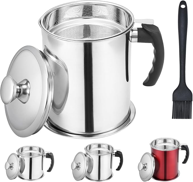 Kaemi 2.2L / 74OZ Bacon Grease Container With Strainer, Bacon Grease Keeper,Oil Storage Container for Kitchen,Filtered Oil Jug With Lid and Easy Grip Handle for Storing Meat Frying and Cooking Oil