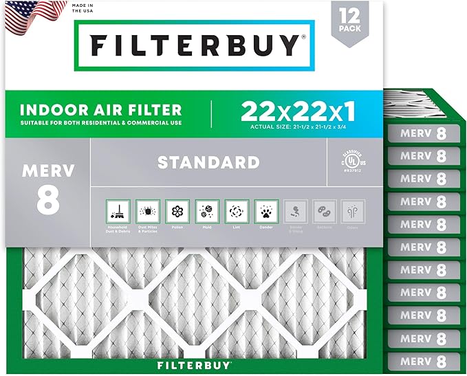 Filterbuy 22x22x1 Air Filter MERV 8 Essential Dust & Allergy Defense (12-Pack), Electrostatic Pleated HVAC AC Furnace Filters Replacement, Made in USA (Actual Size: 21.50 x 21.50 x 0.75)