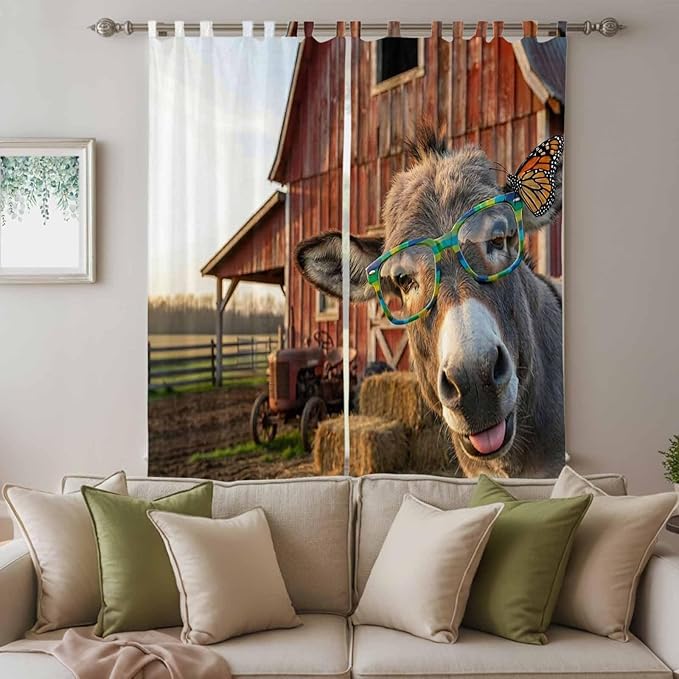 Farm Donkeys Living Room Curtains 84 Inch Length, Window Curtains Tab Top, Farmhouse Barn Funny Animals Butterfly Light Filtering Window Treatments Drapes 52"x84" 2 Panel