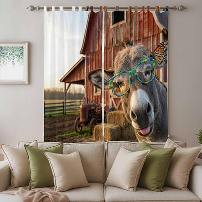 Farm Donkeys Living Room Curtains 96 Inch Length, Window Curtains Tab Top, Farmhouse Barn Funny Animals Butterfly Light Filtering Window Treatments Drapes 52"x96" 2 Panel