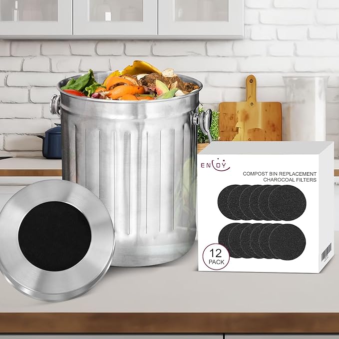 6.5 Inch Kitchen Compost Bin Filters Charcoal Replacement, ENLOY 12 Pack Charcoal Filters for Countertop Home Bucket, Longer Lasting Round Extra Thick Activated Charcoal