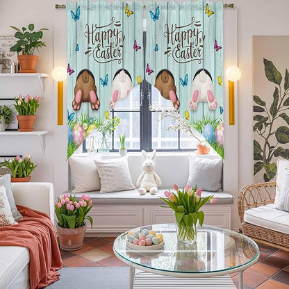Swag Curtain Valances for Kitchen Windows,Happy Easter Bunny Butt Egg Floral Short Rod Pocket Window Valance,Spring Plant on Aqua Wood Swag Topper for Bedroom Living Room,2 Panels 36x63in