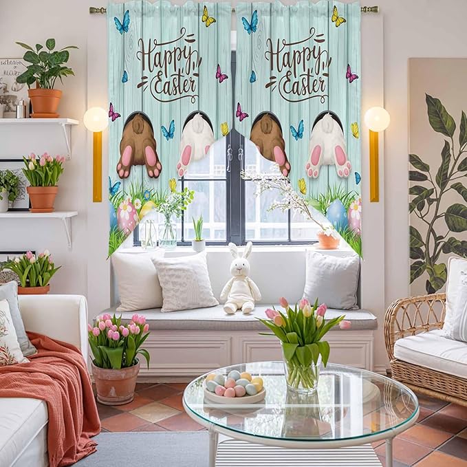 Swag Curtain Valances for Kitchen Windows,Happy Easter Bunny Butt Egg Floral Short Rod Pocket Window Valance,Spring Plant on Aqua Wood Swag Topper for Bedroom Living Room,2 Panels 36x45in