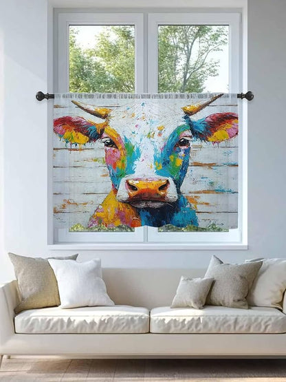 Sheer Curtains 54 Inch Length, Funny Colorful Cow Semi Sheer Curtains Light Filtering Window Treatment, Retro Rustic Oil Painting Wood Grain Privacy Voile Drapes for Living Room Bedroom 52x54 Inch