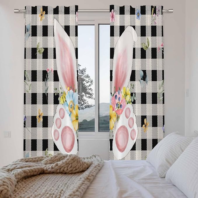Easter Window Curtains 72 Inch Long 2 Panel Set,Rod Pocket Long Curtains & Drapes,Spring Rabbits Ears Feet Wildflowers Black Plaid Light Filtering Window Treatment for Bedroom Living Room 52"W x 72"L