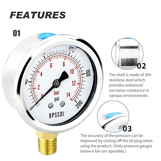 0-200 Psi Glycerin Liquid Filled Low Pressure Gauge, 2.5" Dial Size, 1/4" G Lower Mount, 304 Stainless Steel Case, for Water Pipe, HVAC, Water Oil Air Pressure Test