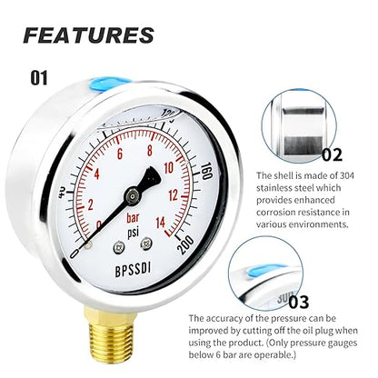 0-200 Psi Glycerin Liquid Filled Low Pressure Gauge, 2.5" Dial Size, 1/4" G Lower Mount, 304 Stainless Steel Case, for Water Pipe, HVAC, Water Oil Air Pressure Test