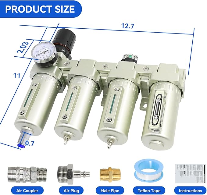 1/2" NPT Industrial Grade 4 Stage Air-Dryer-for-Compressor, Air-Compressor-Water-Separator-System for Plasma Cutter and Paint Spray, 3Filter&1Dryer System,Auto Drain