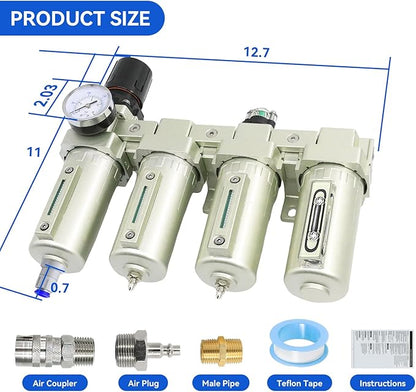 1/2" NPT Industrial Grade 4 Stage Air-Dryer-for-Compressor, Air-Compressor-Water-Separator-System for Plasma Cutter and Paint Spray, 3Filter&1Dryer System,Auto Drain
