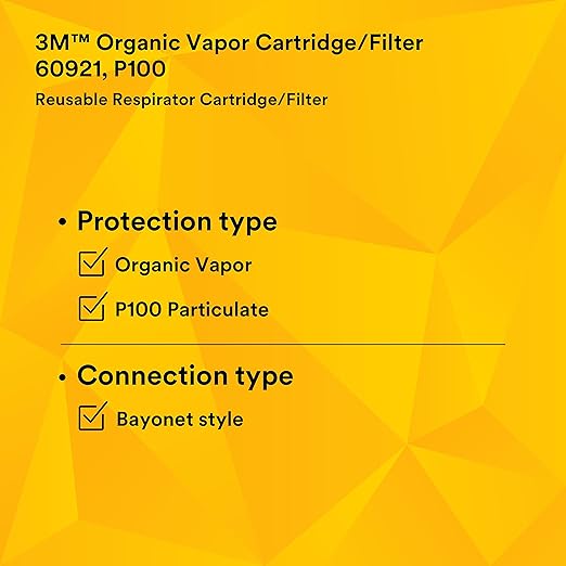 3M 60921 P100 Respirator Cartridge/Filter, NIOSH Approved, 1 Pair, OV/P100, Helps Protect Against Organic Vapors, Asbestos, Silica, and Particulates, Painting, Chemical Clean-up, Maintenance