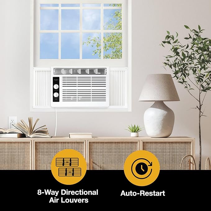 Whirlpool 5,000 BTU 115V Window Air Conditioner & Dehumidifier with Mechanical Controls, Window AC Unit for Apartment, Dorm Room, & Small Rooms up to 150 Square Feet in White