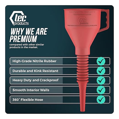 TEC Products FlexAll Long Flexible Funnels - Automotive Oil Funnel with Hose, Durable Nitrile Rubber for Oil Change, Transmission Funnel Fluid, Diesel, Fuel, Gas - Made in USA - Red (12 x 4 Inches)