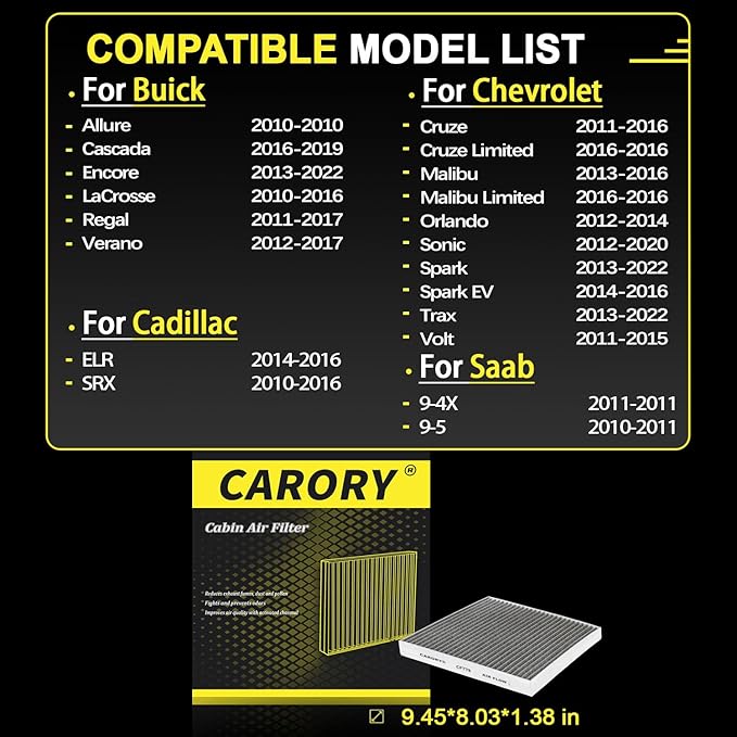 Cabin Air Filter w/Activated Carbon for 2011–2016 Cruze, 2013–2015 Malibu, 2013–2022 Trax, 2013–2022 Encore, 2012–2020 Sonic, 2010–2016 SRX, 2010–2016 LaCrosse, 2013–2022 Spark, and More