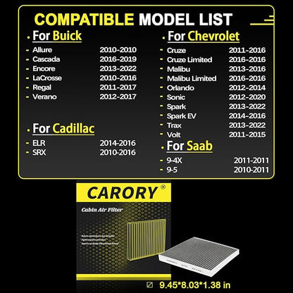 Cabin Air Filter w/Activated Carbon for 2011–2016 Cruze, 2013–2015 Malibu, 2013–2022 Trax, 2013–2022 Encore, 2012–2020 Sonic, 2010–2016 SRX, 2010–2016 LaCrosse, 2013–2022 Spark, and More
