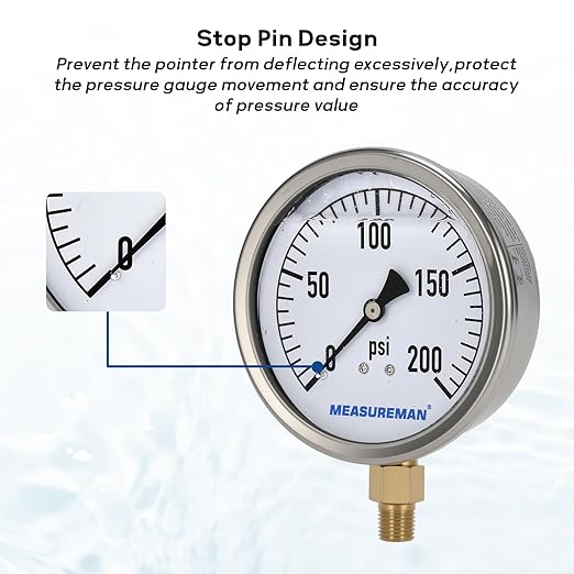 MEASUREMAN Glycerin Filled Plumbing Pressure Gauge 0-200psi Stainless Steel Case, 4" Dial 1/4" NPT Brass Lower Mount, Suitable for Pneumatic Tools, Water Filtration & Industrial Hydraulic Systems