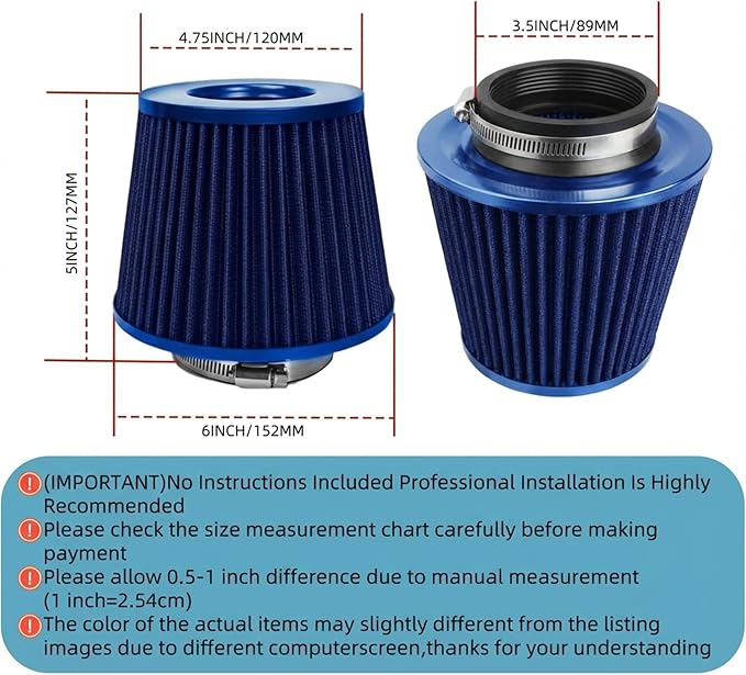 Universal Clamp-On Air Intake Filter, High Performance, Washable Filter, Replacement Air Filter, Flange Diameter 3.5inch/89mm (Blue)