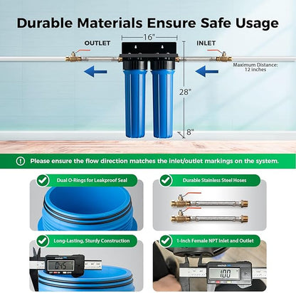 iSpring WGB22B+AHPF12MNPT16X2 2-Stage Whole House Water Filter System, Reduces Chlorine, Sediment Water Filtration System for Home w/ 3/4'' Braided Stainless Steel Hose Connectors and Ball Valve
