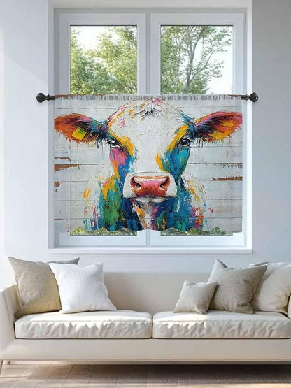 Sheer Curtains 45 Inch Length, Farmhouse Oil Painting Semi Sheer Curtains Light Filtering Window Treatment, Colorful Cow Animal Wooden Grain Privacy Voile Drapes for Living Room Bedroom 52x45 Inch