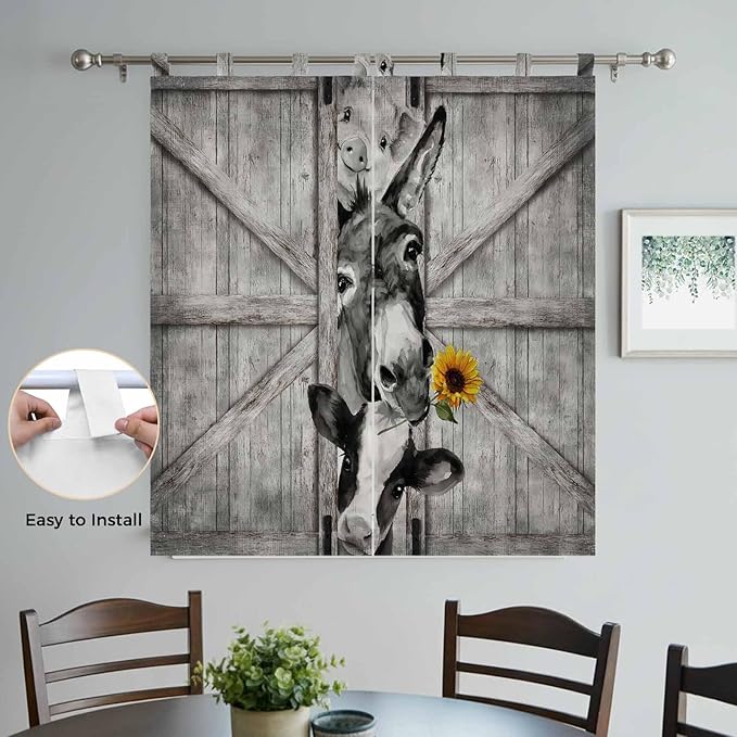 Funny Farm Animals Bedroom Curtains 72 Inch Length, Window Curtains Tab Top, Vintage Barn Grey Sunflowers Light Filtering Window Treatments Drapes 52"x72" 2 Panel