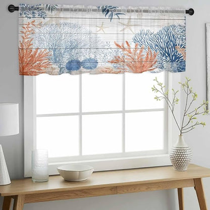 Ocean Corals Sheer Valance Curtains, Summer Beach Coral Sea Stars Wood Grain Light Filtering Kitchen Valances Rod Pocket Voile Curtain Window Treatment for Bedroom/Living Room/Basement 54Wx18L