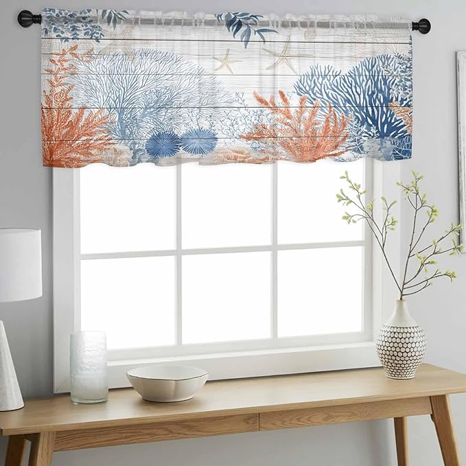 Ocean Corals Sheer Valance Curtains, Summer Beach Coral Sea Stars Wood Grain Light Filtering Kitchen Valances Rod Pocket Voile Curtain Window Treatment for Bedroom/Living Room/Basement 42Wx12L