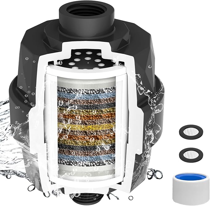 Hibbent Upgraded High Output Shower Filter for Hard Water, 20 Stage Showerhead Filter with Vitamin C, Removes Chlorine and Fluoride, Reduces Dry Itchy Skin, Eczema, and Dandruff, Matte Black