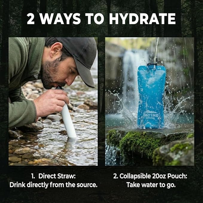 2-Pack Tactiko Survival 20oz/600ml Filtered Water Bottle Kit - Purify 265 Gal. Water from Rivers, Lakes & Streams - SGS Certified - UF Membrane, Activated Carbon - Camping, Emergency (Blk/Blue)