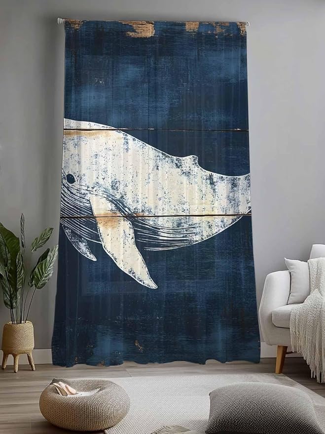Sheer Curtains 96 Inches Long, Ocean Whale Blue Semi Sheer Curtains Light Filtering Window Treatment, Coastal Vintage Wooden Grain Privacy Voile Drapes for Living Room Bedroom 52x96 Inch