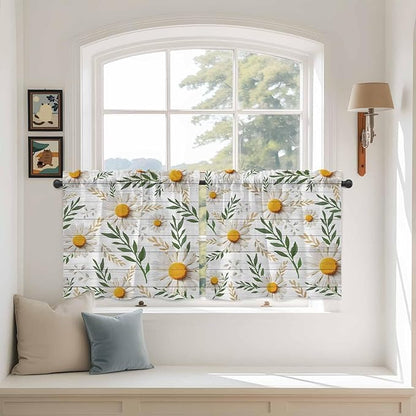 Spring Daisy Tier Curtains, Farmhouse Country Flower Leaf Plant Wood Grain Light Filtering Kitchen Curtains, 2Pcs Rod Pocket Half Window Treatments Panels for Sink Cafe Cabinet Camper 27.5x24 Inches