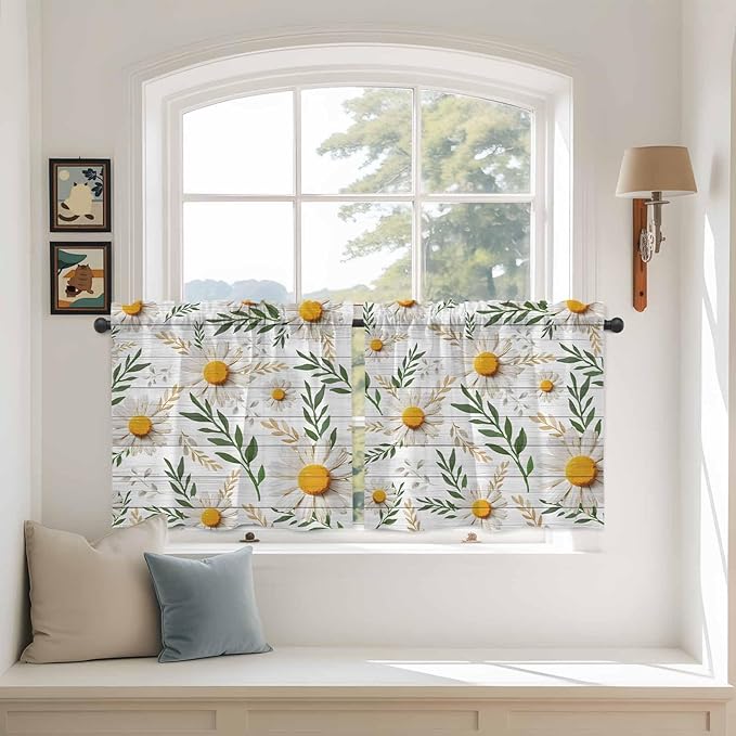 Spring Daisy Tier Curtains, Farmhouse Country Flower Leaf Plant Wood Grain Light Filtering Kitchen Curtains, 2Pcs Rod Pocket Half Window Treatments Panels for Sink Cafe Cabinet Camper 27.5x36 Inches