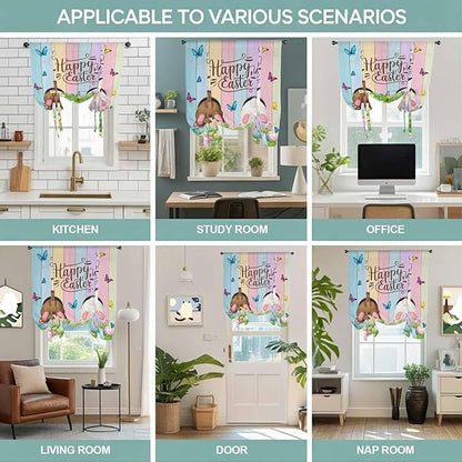Tie Up Curtains,Happy Easter Rabbit Butt Egg on Daisy Leaf Adjustable Rod Pocket Window Shade Curtain Drape Bufferfly on Wood Barn Tie-Up Valance for Kitchen Bedroom Living Room Windows,46"x63"